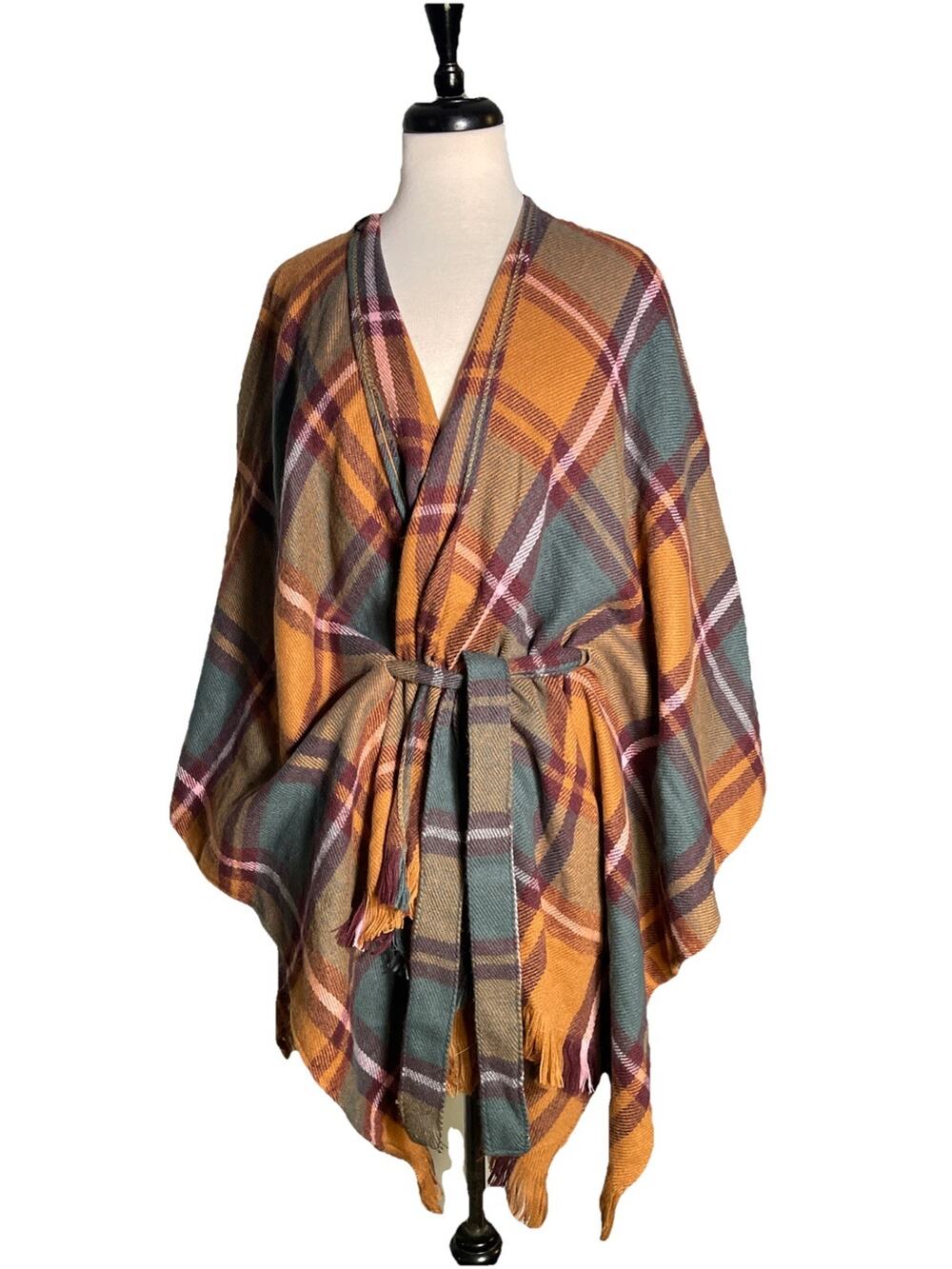 David And Young Plaid Pattern Belted Waist Fringe Open Front Poncho Tie Waist